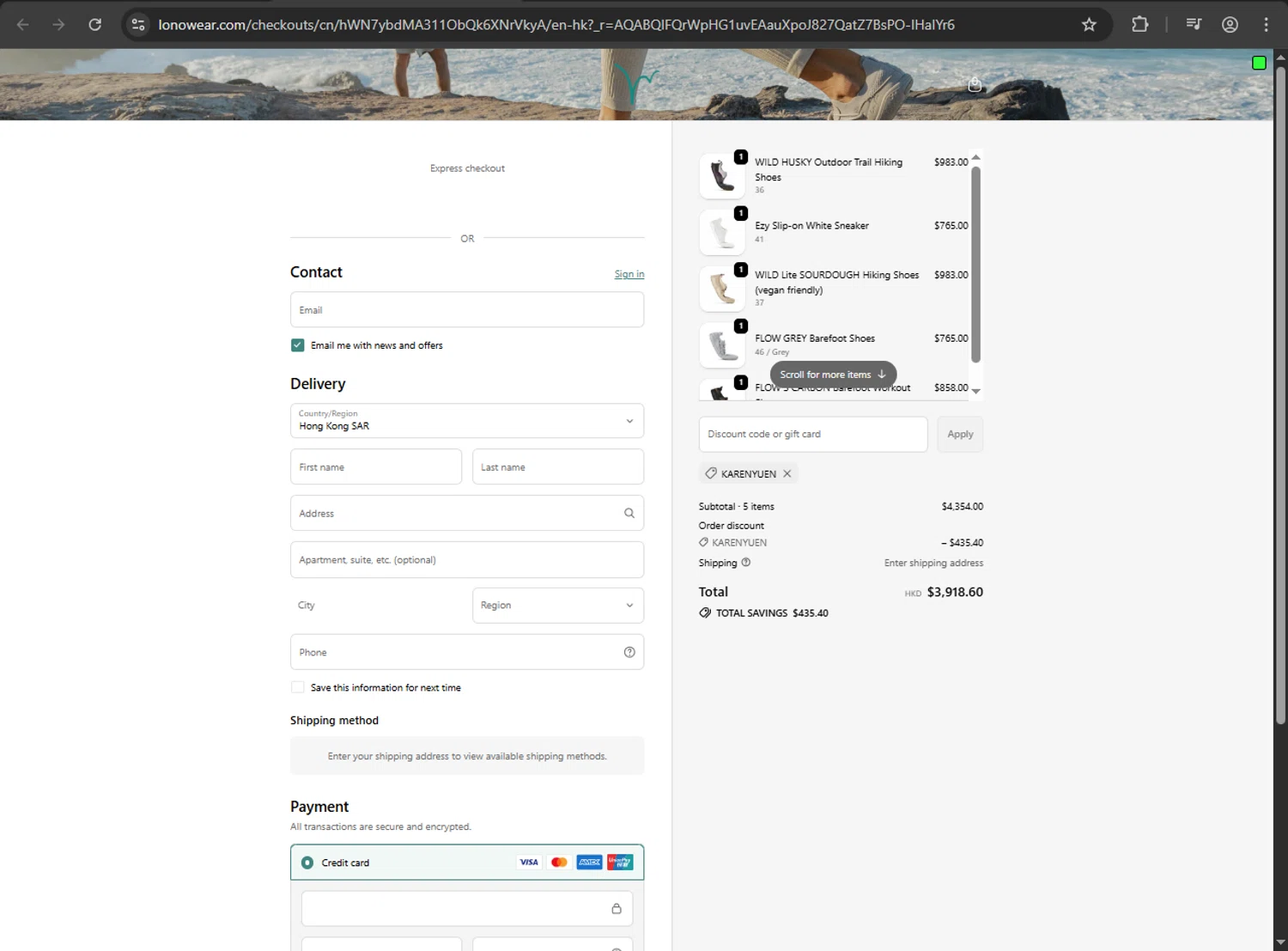 Lonowear checkout page showing Lonowear discount code box | Screenshot taken by SimplyCodes community member on Jan 24, 2026