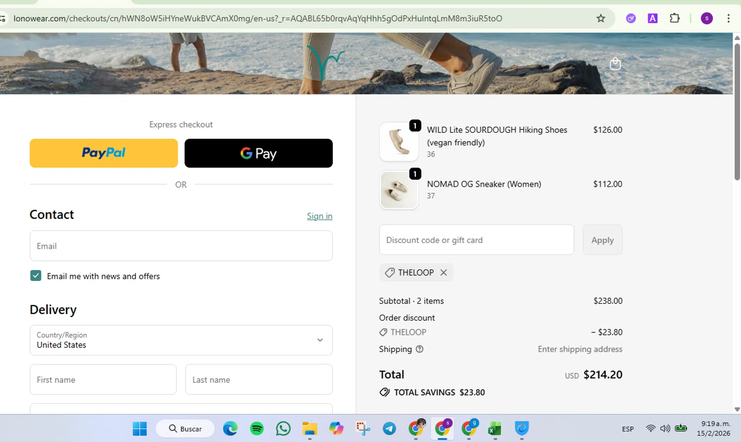 Lonowear checkout page showing Lonowear discount code box | Screenshot taken by SimplyCodes community member on Feb 15, 2026
