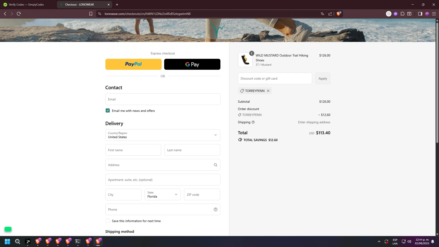 Lonowear discount code screenshot showing code TORREYPENN applied at Lonowear checkout page. Uploaded by SimplyCodes community member jakycham2020 on Aug 2, 2025