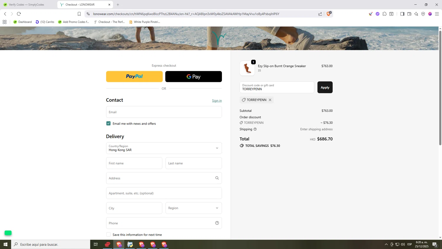 Lonowear discount code screenshot showing code TORREYPENN applied at Lonowear checkout page. Uploaded by SimplyCodes community member Nezukooo on Dec 25, 2025