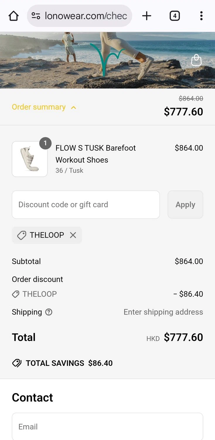Lonowear discount code screenshot showing code Theloop applied at Lonowear checkout page. Uploaded by SimplyCodes community member KarinaHZ on Jun 28, 2025