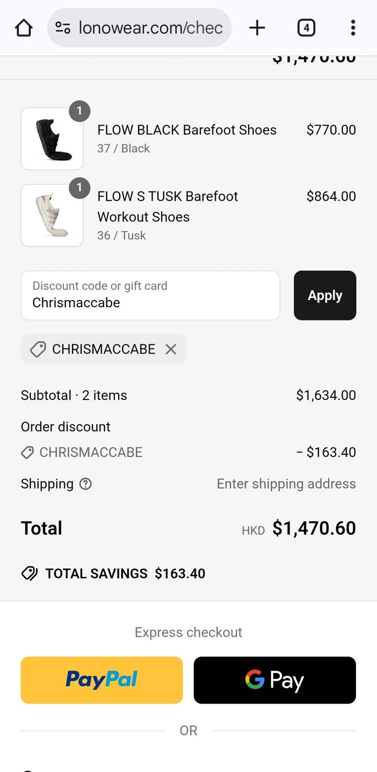 Lonowear discount code screenshot showing code CHRISMACCABE applied at Lonowear checkout page. Uploaded by SimplyCodes community member KarinaHZ on Jun 28, 2025