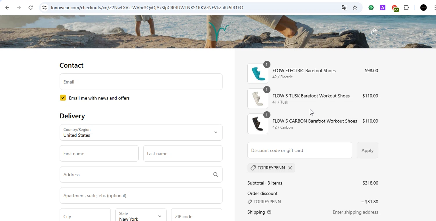 Lonowear discount code screenshot showing code TORREYPENN applied at Lonowear checkout page. Uploaded by SimplyCodes community member PrincessCoupon on Jul 4, 2025