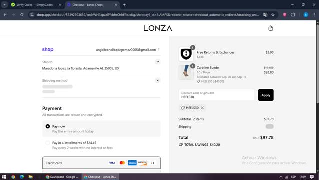 Lonza Shoes checkout page showing Lonza Shoes discount code box | Screenshot taken by SimplyCodes community member on Sep 4, 2025