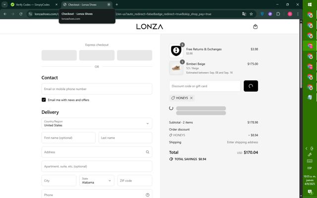 Lonza Shoes checkout page showing Lonza Shoes discount code box | Screenshot taken by SimplyCodes community member on Sep 4, 2025