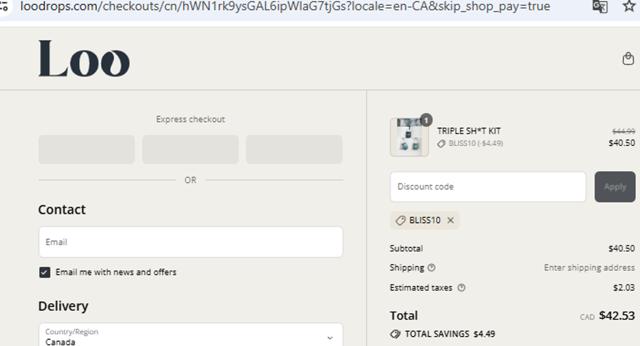 Loo Drops checkout page showing Loo Drops promo code box | Screenshot taken by SimplyCodes community member on Aug 16, 2025