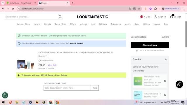 Lookfantastic checkout page showing Lookfantastic discount code box | Screenshot taken by SimplyCodes community member on Jul 15, 2025