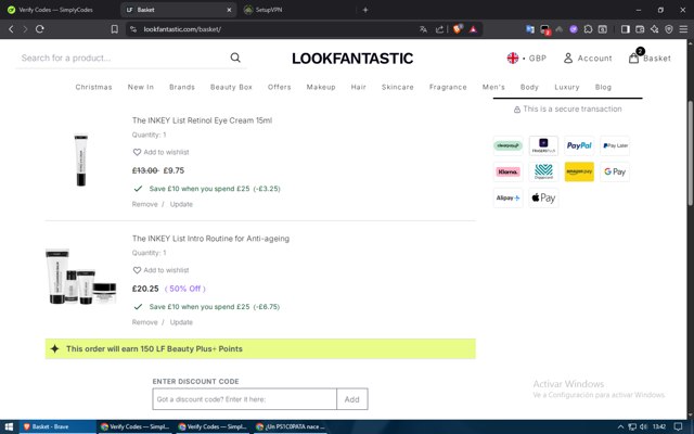 Lookfantastic checkout page showing Lookfantastic discount code box | Screenshot taken by SimplyCodes community member on Sep 5, 2025