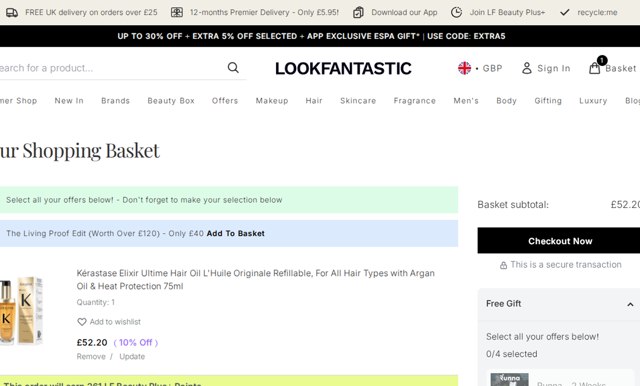 Lookfantastic checkout page showing Lookfantastic discount code box | Screenshot taken by SimplyCodes community member on Aug 29, 2025