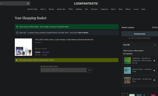 Lookfantastic UK checkout page showing Lookfantastic UK discount code box | Screenshot taken by SimplyCodes community member on Jul 14, 2025