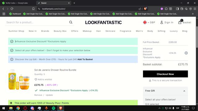 Lookfantastic UK checkout page showing Lookfantastic UK discount code box | Screenshot taken by SimplyCodes community member on Jul 21, 2025