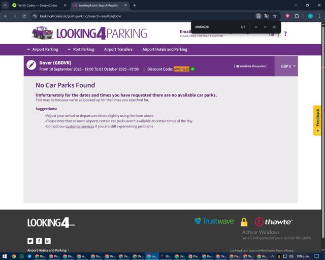Looking4Parking checkout page showing Looking4Parking discount code box | Screenshot taken by SimplyCodes community member on Sep 10, 2025