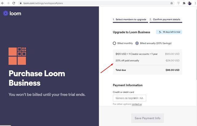 Loom checkout page showing Loom promo code box | Screenshot taken by SimplyCodes community member on Sep 6, 2021