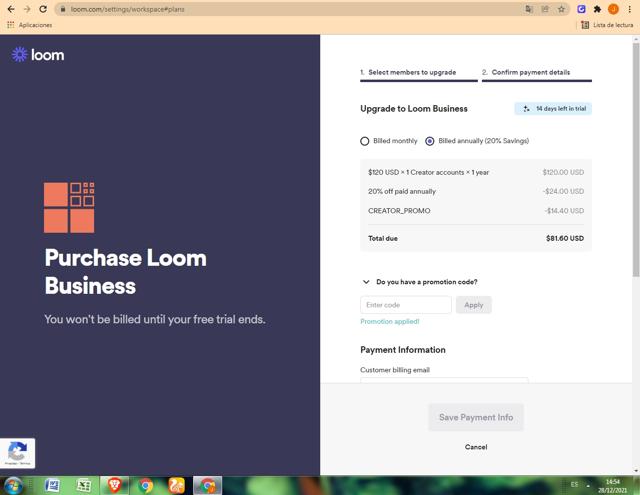 Loom checkout page showing Loom promo code box | Screenshot taken by SimplyCodes community member on Dec 28, 2021
