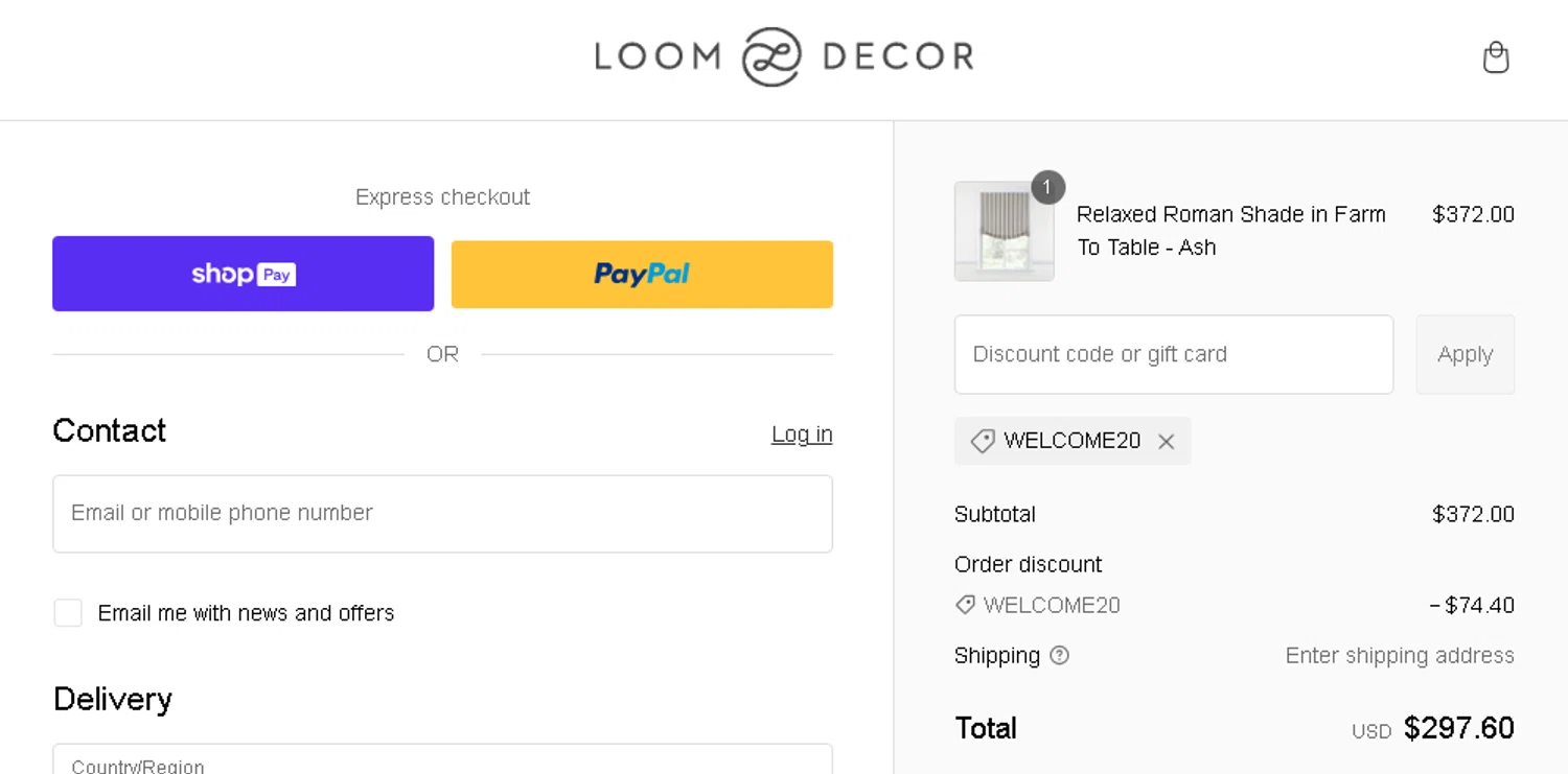 Loom Decor promo code screenshot showing code WELCOME20 applied at Loom Decor checkout page. Uploaded by SimplyCodes community member jholaurimar08 on Jan 31, 2025