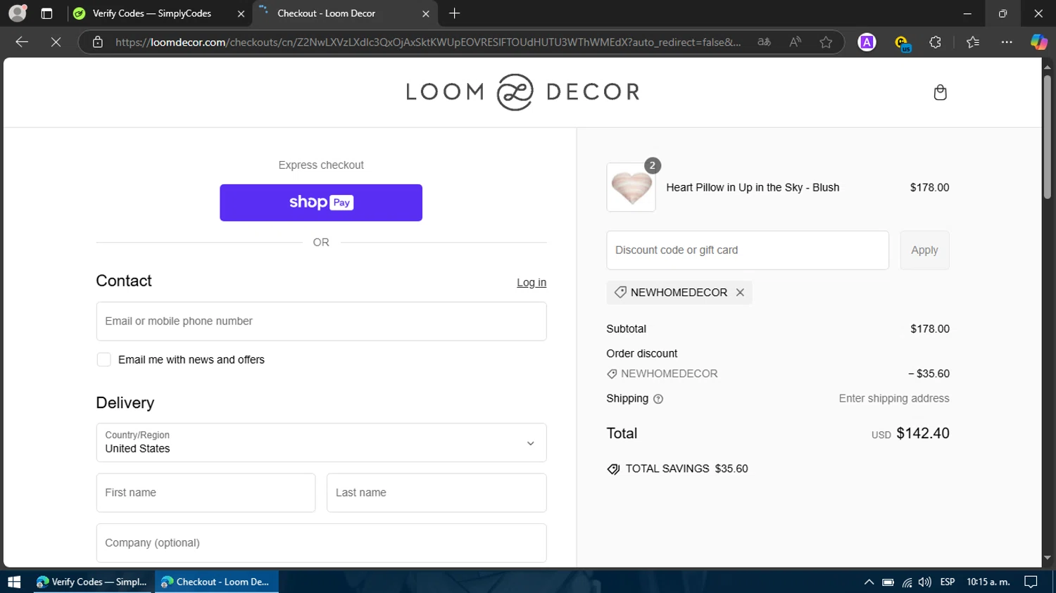 Loom Decor promo code screenshot showing code NEWHOMEDECOR applied at Loom Decor checkout page. Uploaded by SimplyCodes community member Billy2222 on Feb 8, 2025