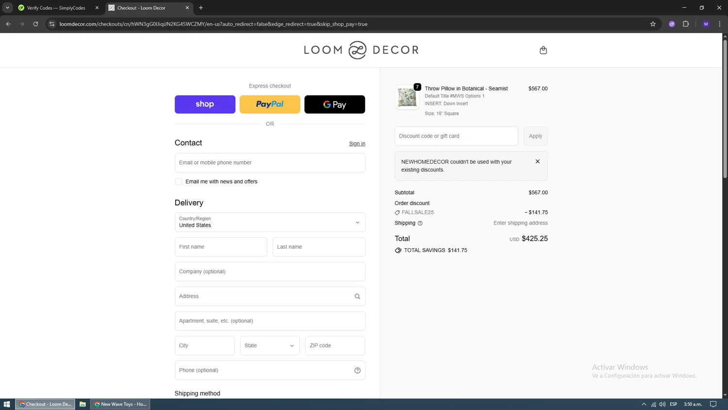 Loom Decor promo code screenshot showing code NEWHOMEDECOR applied at Loom Decor checkout page. Uploaded by SimplyCodes community member dominictoretto on Oct 3, 2025