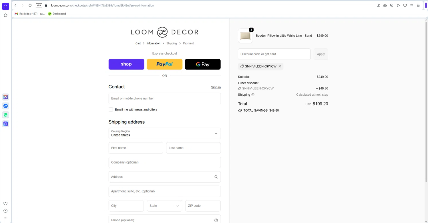 Loom Decor checkout page showing Loom Decor promo code box | Screenshot taken by SimplyCodes community member on Feb 1, 2026
