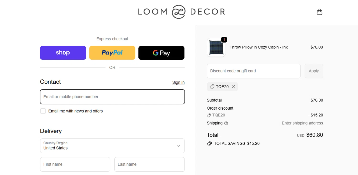 Loom Decor promo code screenshot showing code TQE20 applied at Loom Decor checkout page. Uploaded by SimplyCodes community member VictoriousFinder8211 on Nov 22, 2025