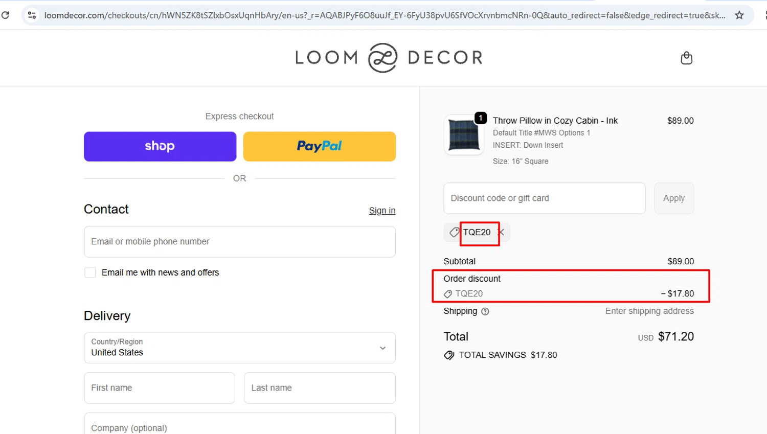 Loom Decor promo code screenshot showing code TQE20 applied at Loom Decor checkout page. Uploaded by SimplyCodes community member nileskamarcano on Nov 22, 2025
