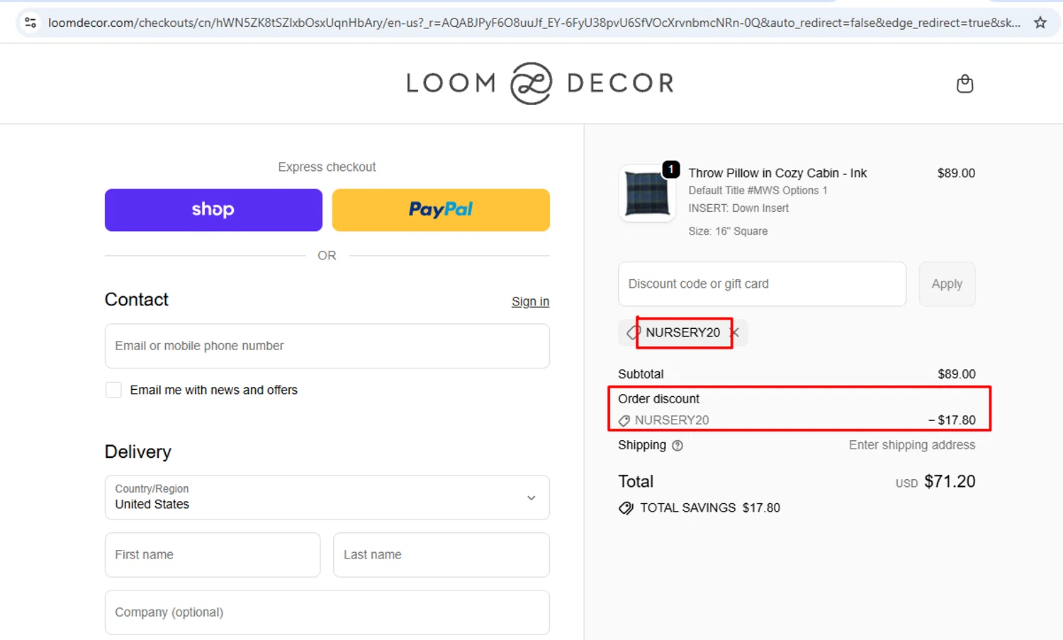 Loom Decor promo code screenshot showing code NURSERY20 applied at Loom Decor checkout page. Uploaded by SimplyCodes community member nileskamarcano on Nov 22, 2025