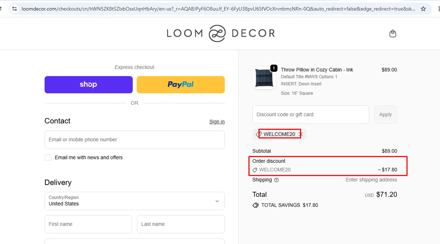 Loom Decor promo code screenshot showing code WELCOME20 applied at Loom Decor checkout page. Uploaded by SimplyCodes community member nileskamarcano on Nov 22, 2025
