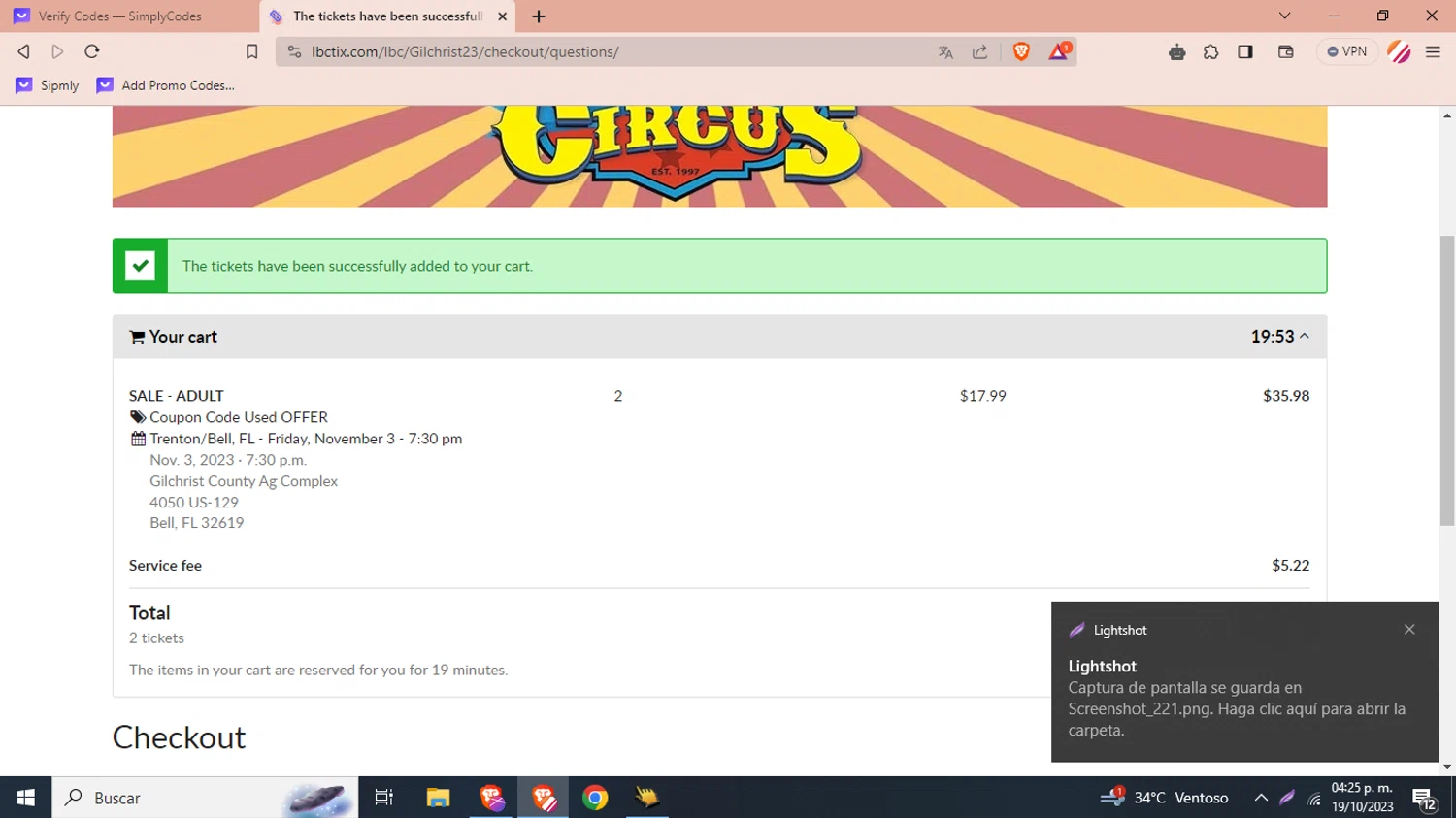 Loomis Bros. Circus checkout page showing Loomis Bros. Circus promo code box | Screenshot taken by SimplyCodes community member on Oct 19, 2023