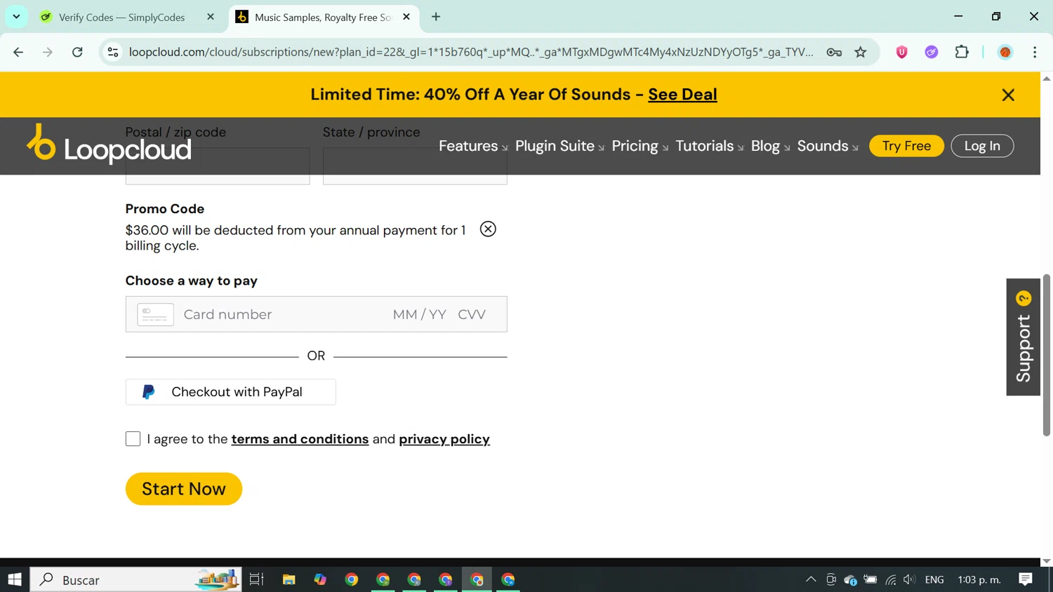 Loopcloud promo code screenshot showing code 46i3DWy3 applied at Loopcloud checkout page. Uploaded by SimplyCodes community member ABUSAMADRES_ on Jul 25, 2025