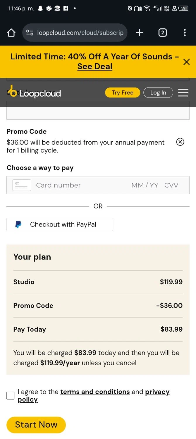 Loopcloud promo code screenshot showing code 46i3DWy3 applied at Loopcloud checkout page. Uploaded by SimplyCodes community member Nickurtdale on Oct 24, 2025