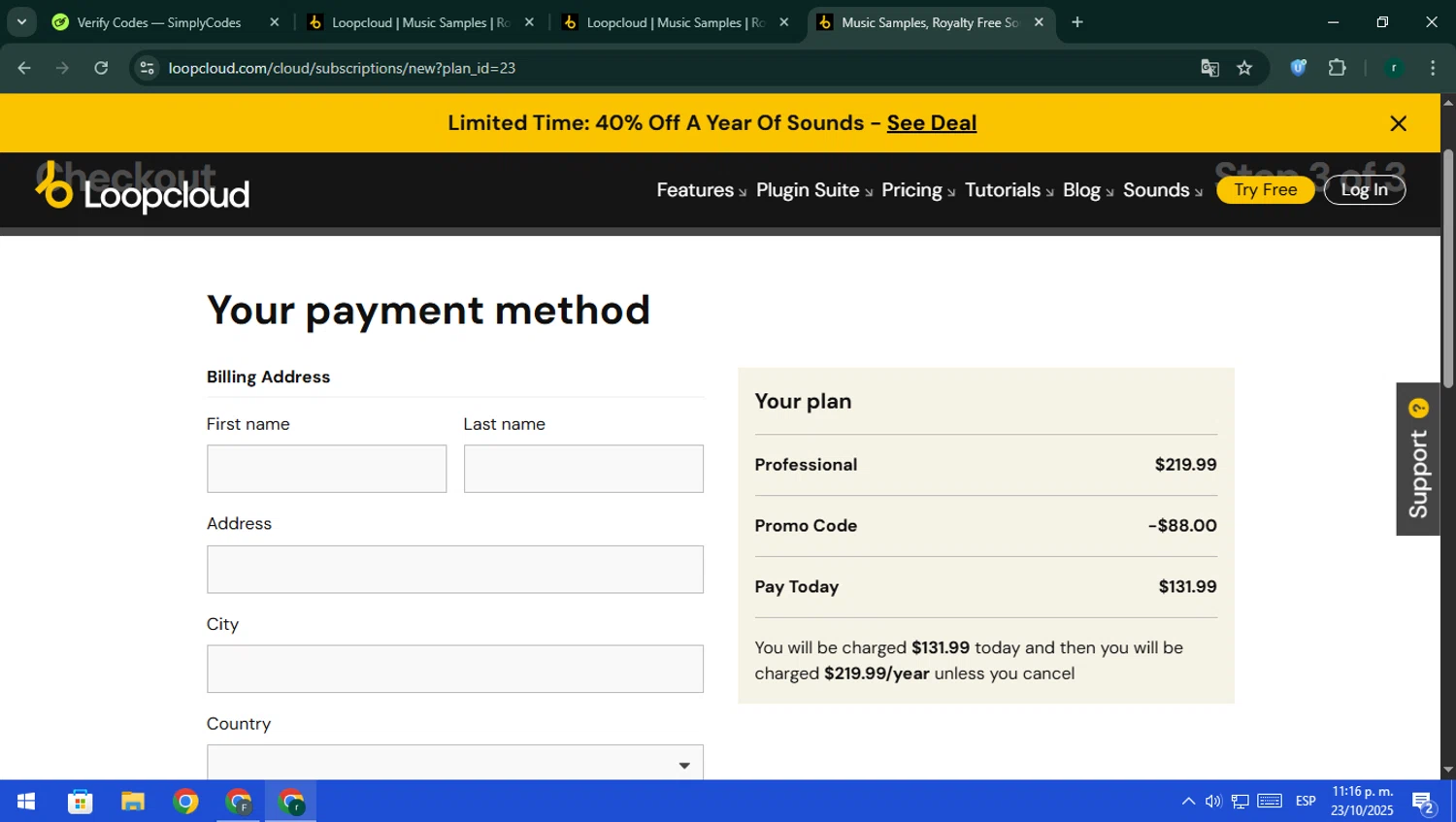 Loopcloud promo code screenshot showing code bitwig2months applied at Loopcloud checkout page. Uploaded by SimplyCodes community member rodri1 on Oct 24, 2025
