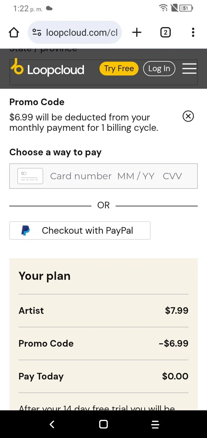 Loopcloud promo code screenshot showing code 1monthfor1dollar applied at Loopcloud checkout page. Uploaded by SimplyCodes community member RoyalSpotter5217 on Oct 27, 2025