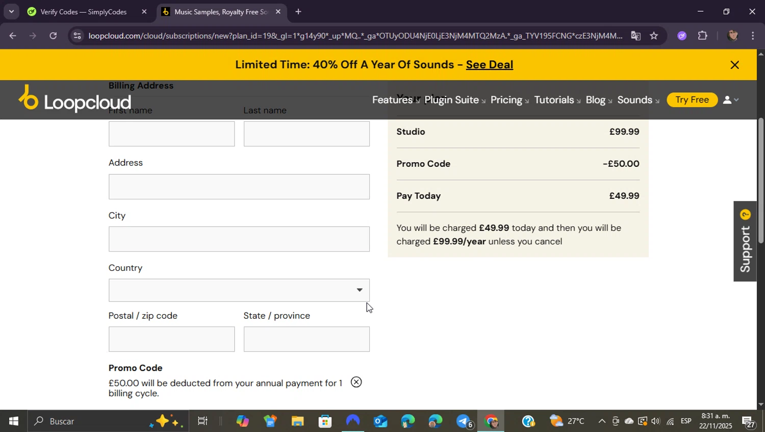 Loopcloud promo code screenshot showing code 50STUDIO applied at Loopcloud checkout page. Uploaded by SimplyCodes community member ShieldEagle9436 on Nov 22, 2025