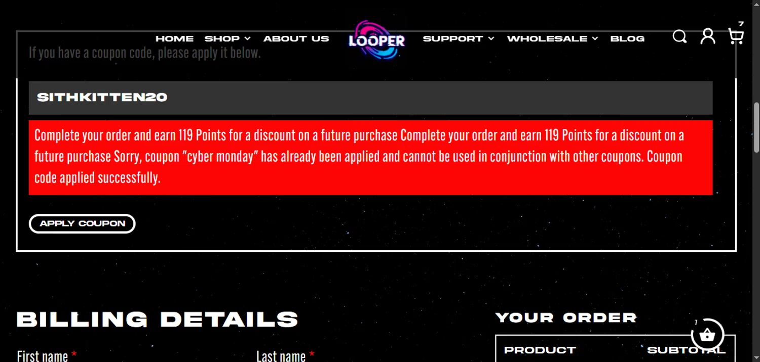 LooperVerse coupon code screenshot showing code SITHKITTEN20 applied at LooperVerse checkout page. Uploaded by SimplyCodes community member RebateSleuth7772 on Nov 25, 2025