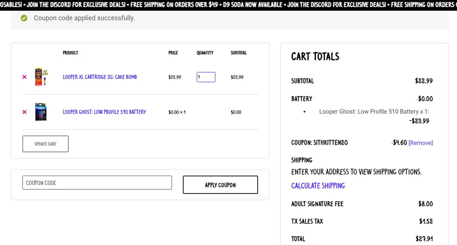 LooperVerse coupon code screenshot showing code SITHKITTEN20 applied at LooperVerse checkout page. Uploaded by SimplyCodes community member SavvyHawk656 on Jul 3, 2025