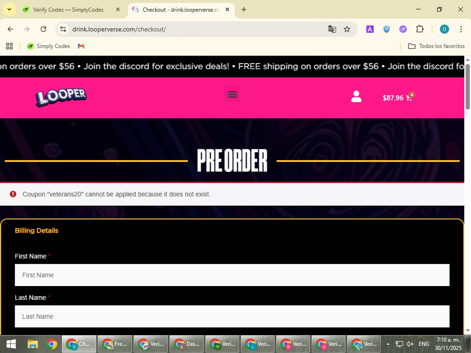 LooperVerse coupon code screenshot showing code VETERANS20 applied at LooperVerse checkout page. Uploaded by SimplyCodes community member BudgetSeeker9524 on Nov 30, 2025