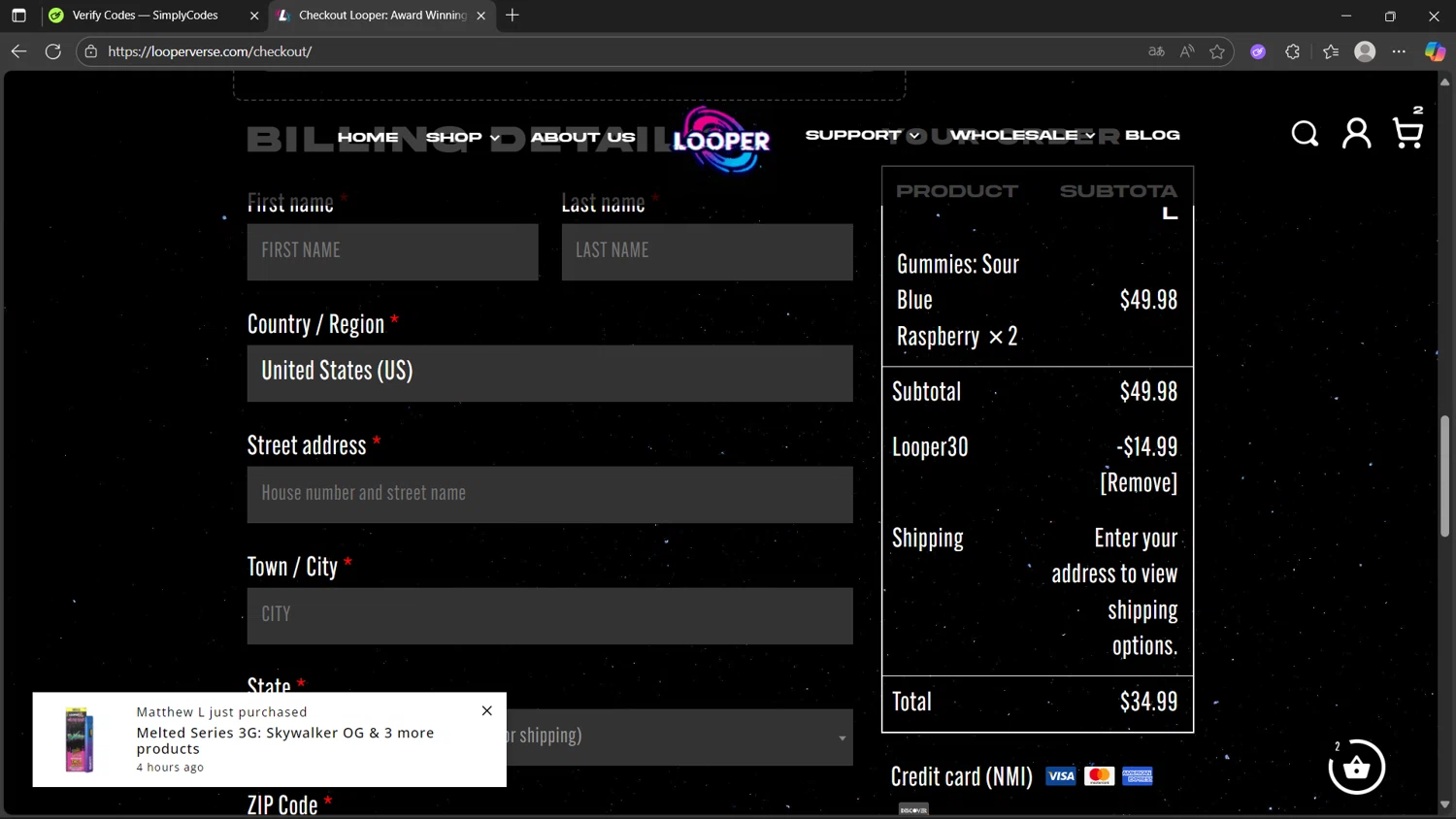 LooperVerse coupon code screenshot showing code LOOPER30 applied at LooperVerse checkout page. Uploaded by SimplyCodes community member Morticia on Oct 18, 2025