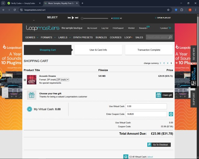 Loopmasters checkout page showing Loopmasters promo code box | Screenshot taken by SimplyCodes community member on Apr 20, 2025