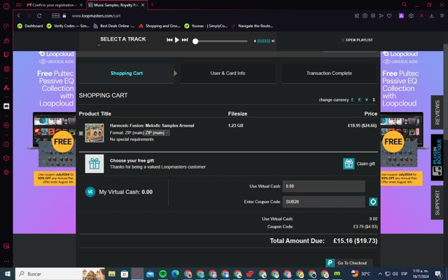Loopmasters checkout page showing Loopmasters promo code box | Screenshot taken by SimplyCodes community member on Jul 18, 2024
