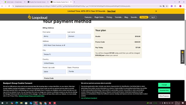 Loopmasters checkout page showing Loopmasters promo code box | Screenshot taken by SimplyCodes community member on Apr 29, 2025