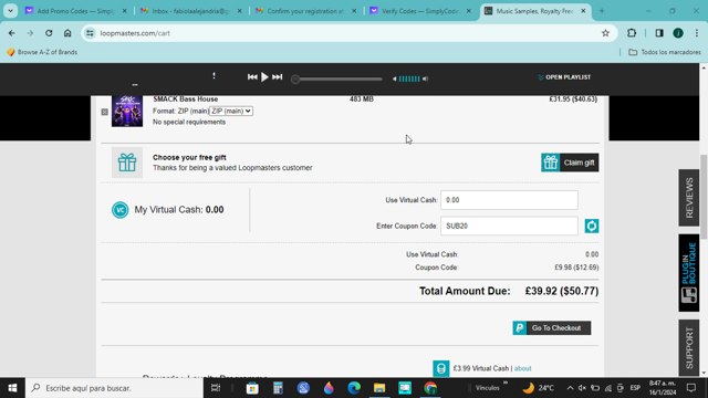 Loopmasters checkout page showing Loopmasters promo code box | Screenshot taken by SimplyCodes community member on Jan 16, 2024