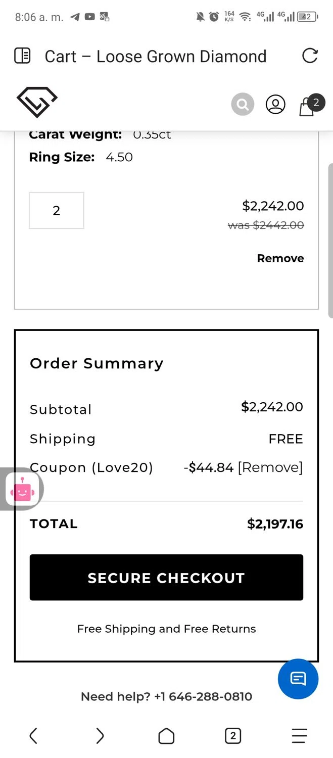 Loose Grown Diamond promo code screenshot showing code LOVE20 applied at Loose Grown Diamond checkout page. Uploaded by SimplyCodes community member carloschacin on Nov 14, 2025