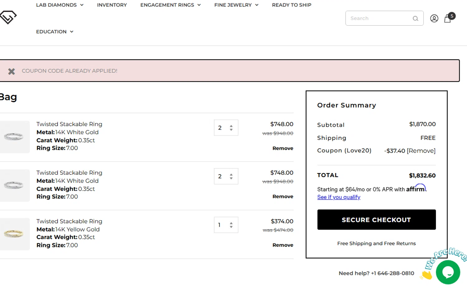 Loose Grown Diamond promo code screenshot showing code LOVE20 applied at Loose Grown Diamond checkout page. Uploaded by SimplyCodes community member luismarin on Apr 28, 2025