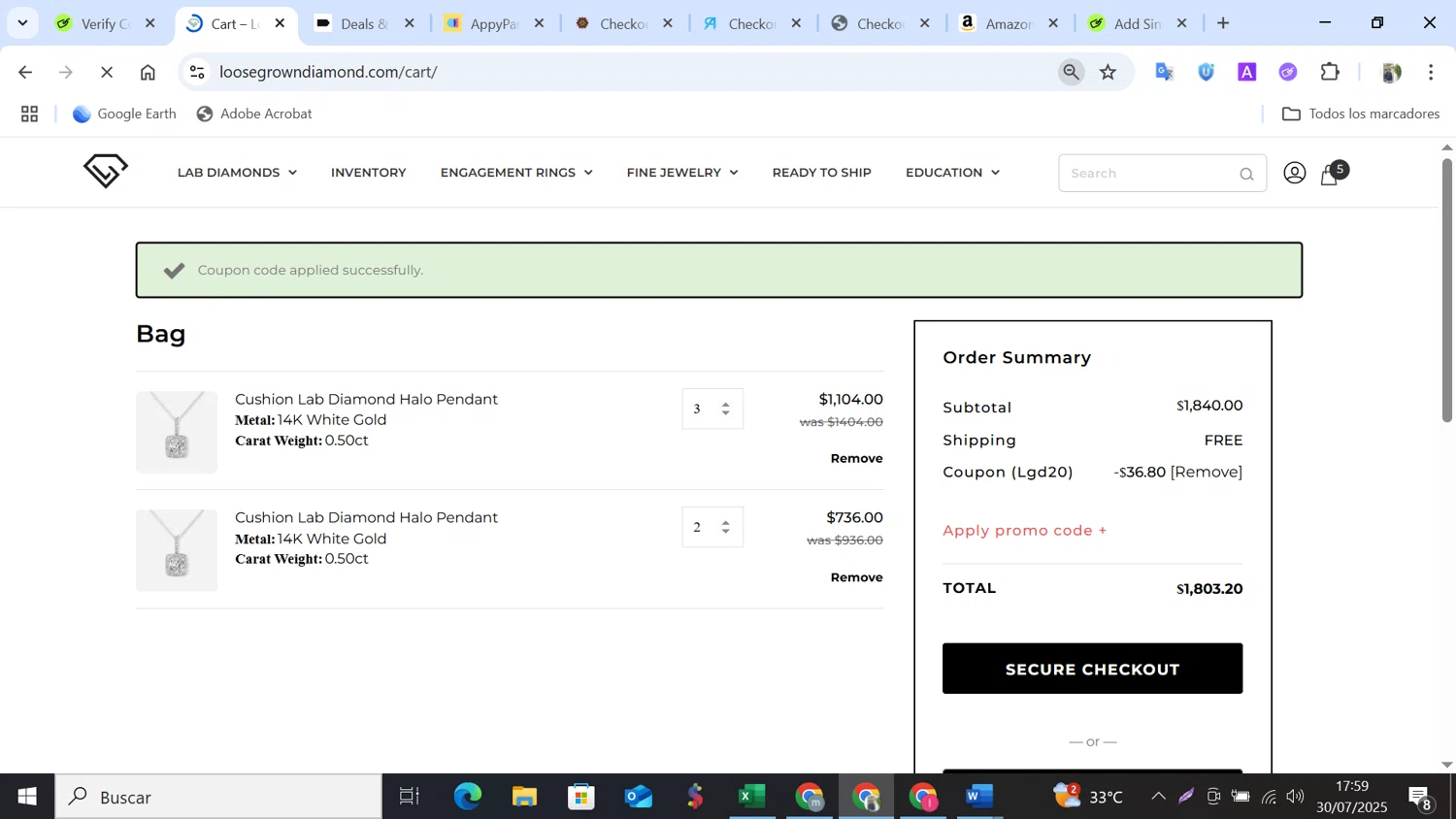 Loose Grown Diamond promo code screenshot showing code LGD20 applied at Loose Grown Diamond checkout page. Uploaded by SimplyCodes community member NobleMonarch5837 on Jul 30, 2025