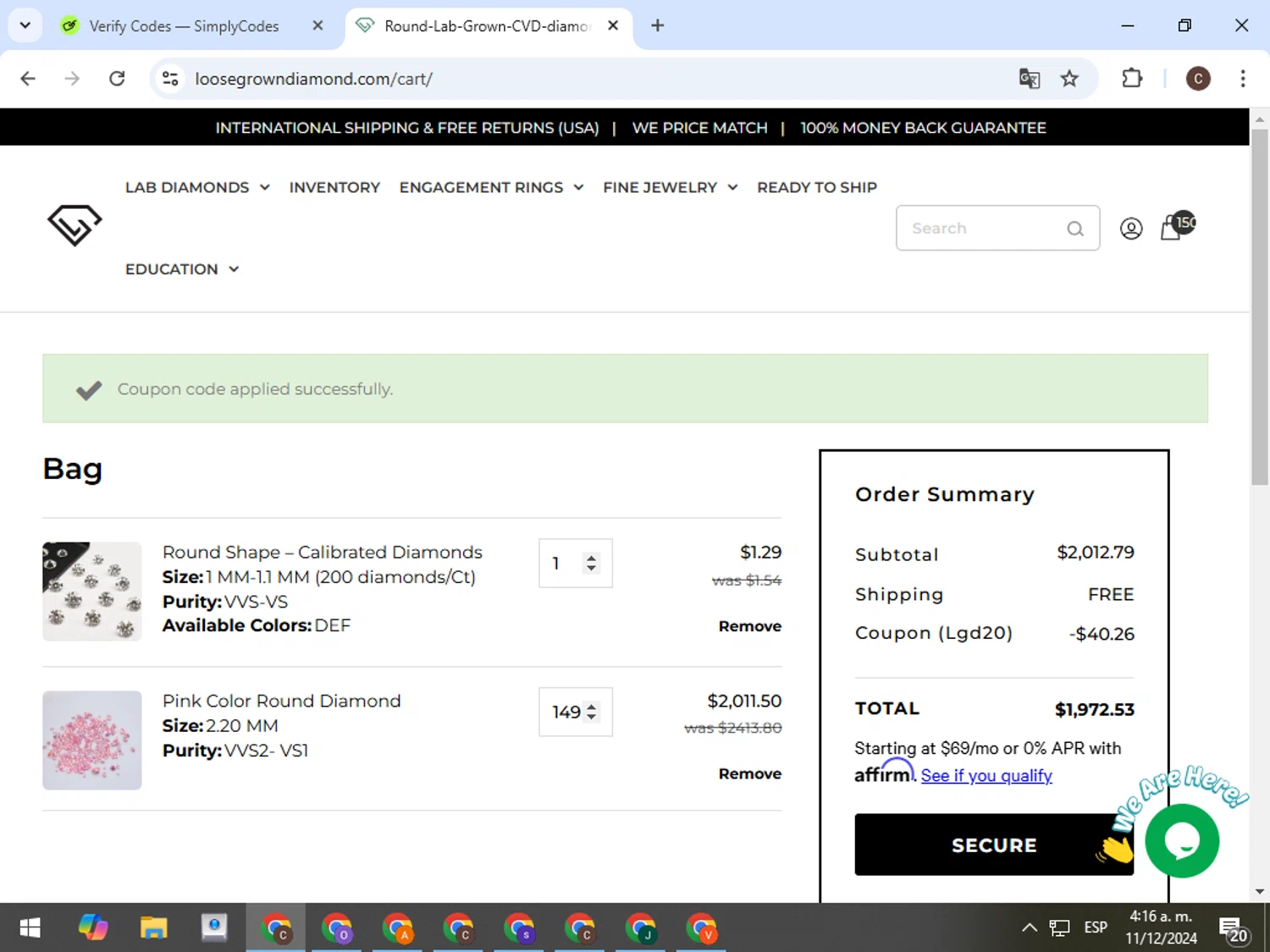 Loose Grown Diamond checkout page showing Loose Grown Diamond promo code box | Screenshot taken by SimplyCodes community member on Dec 11, 2024