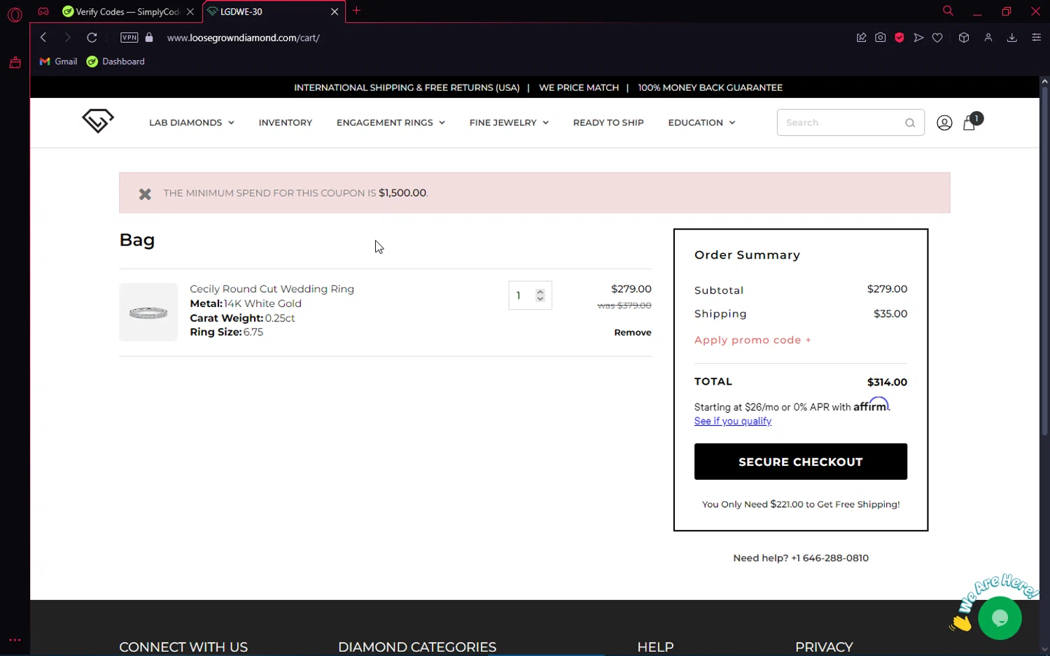 Loose Grown Diamond checkout page showing Loose Grown Diamond promo code box | Screenshot taken by SimplyCodes community member on Nov 24, 2024