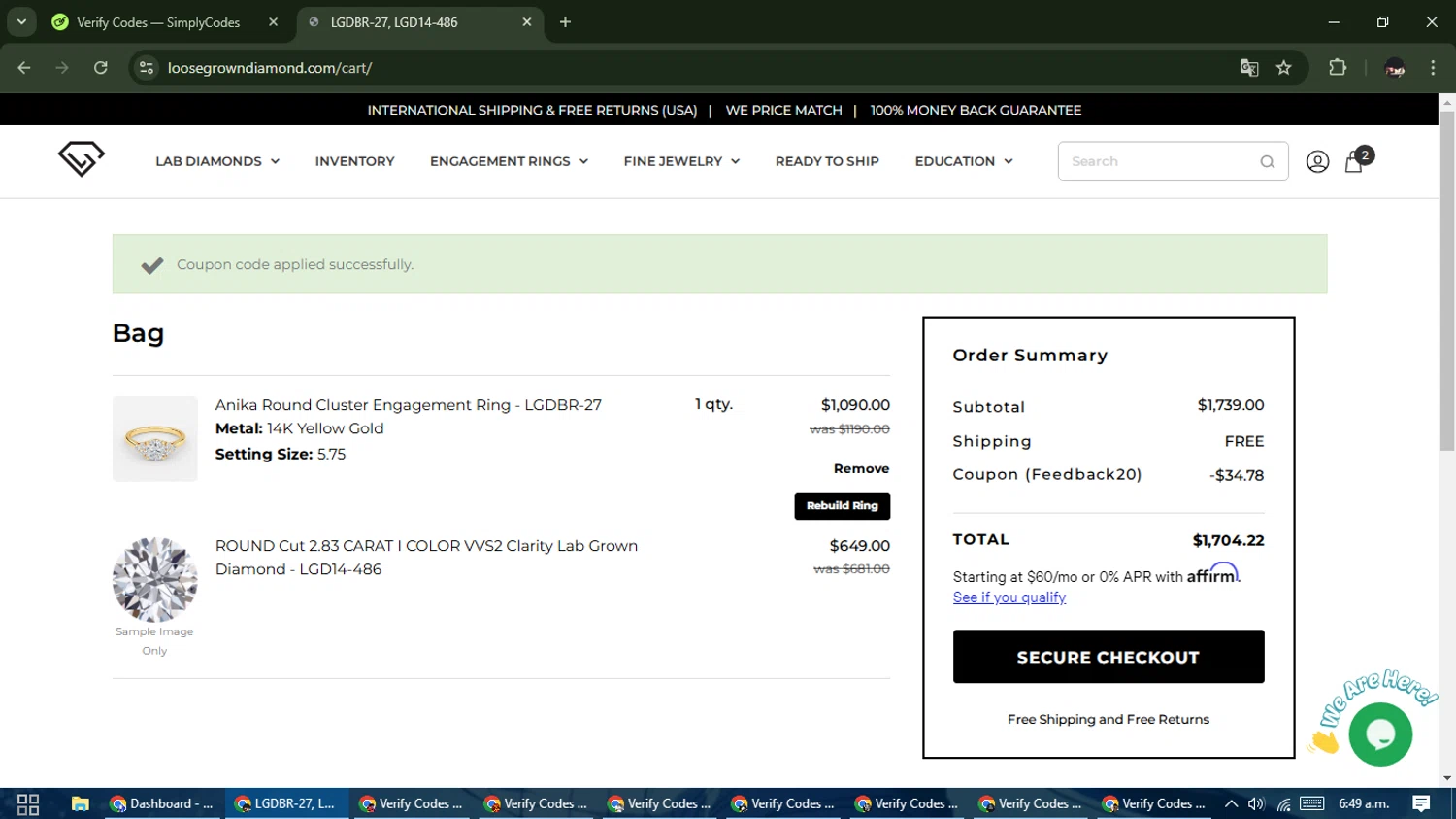Loose Grown Diamond promo code screenshot showing code FEEDBACK20 applied at Loose Grown Diamond checkout page. Uploaded by SimplyCodes community member WonderCurator791 on Jan 16, 2025