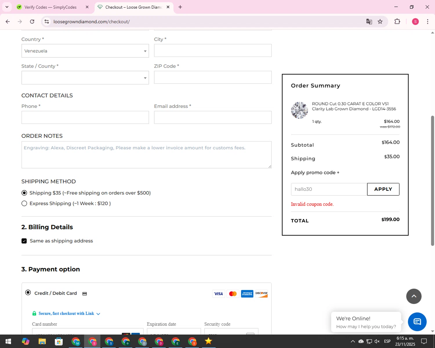 Loose Grown Diamond promo code screenshot showing code hallo30 applied at Loose Grown Diamond checkout page. Uploaded by SimplyCodes community member 00000056 on Nov 23, 2025