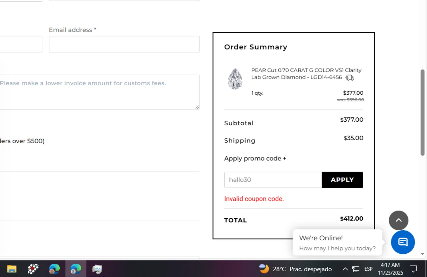 Loose Grown Diamond promo code screenshot showing code hallo30 applied at Loose Grown Diamond checkout page. Uploaded by SimplyCodes community member PromoPioneer5927 on Nov 23, 2025
