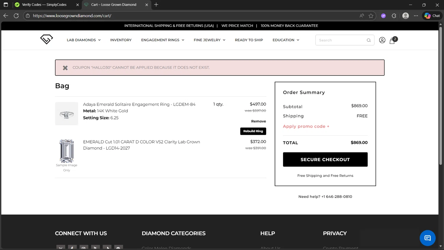 Loose Grown Diamond promo code screenshot showing code hallo30 applied at Loose Grown Diamond checkout page. Uploaded by SimplyCodes community member steve_jeff on Nov 23, 2025