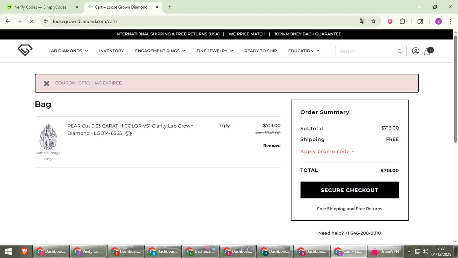 Loose Grown Diamond promo code screenshot showing code BF30 applied at Loose Grown Diamond checkout page. Uploaded by SimplyCodes community member ValiantFinder3275 on Dec 4, 2025